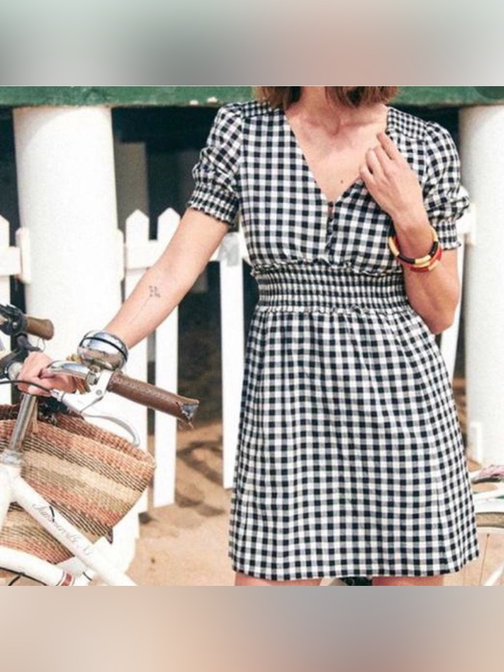 Sézane Sixtine Gingham Mini Dress Black White Puff Sleeve NWT Size 8